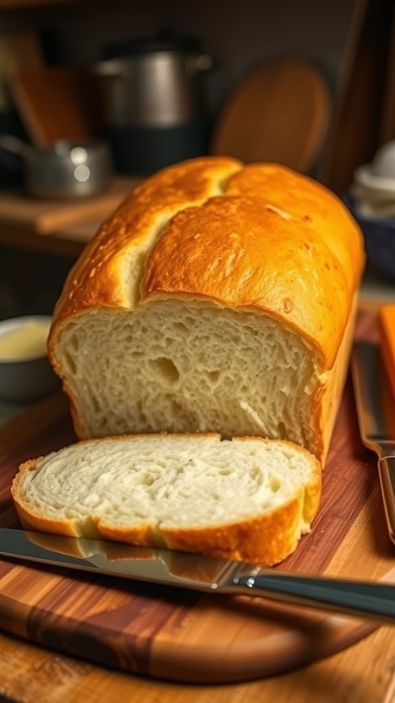 A golden brown loaf of no-rise homemade bread sliced on a cutting board with butter.